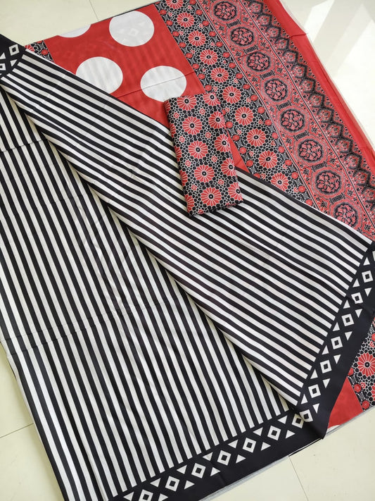 Cream & Black Ajrakh Print Soft Modal Silk Saree