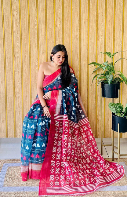 Dual-Tone Ikat Linen Cotton Saree in Red & Blue