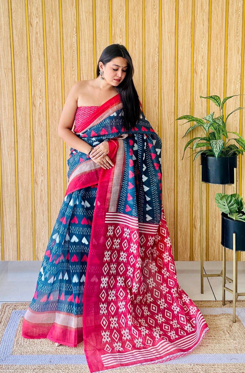 Dual-Tone Ikat Linen Cotton Saree in Red & Blue
