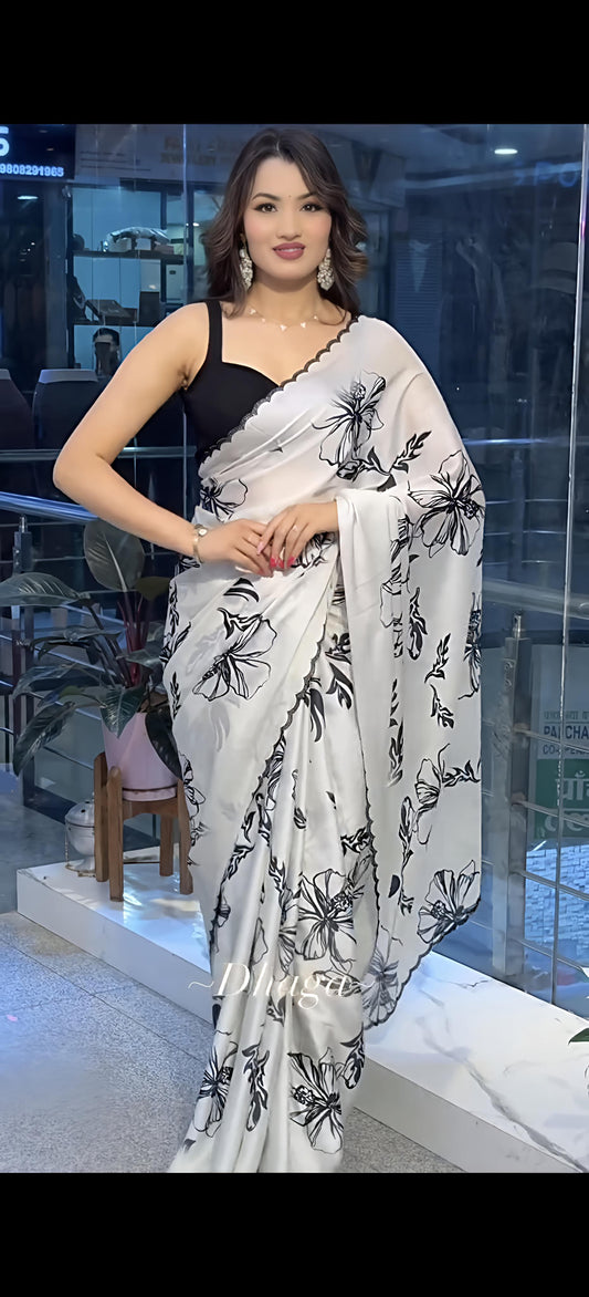 Elegant White & Black Floral Printed Crepe Silk Saree