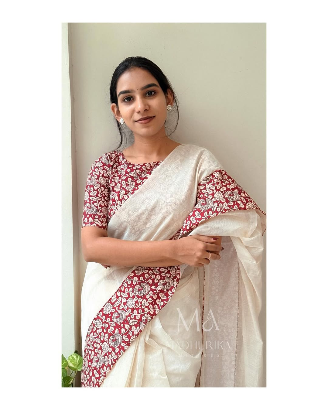 Off-White Handwoven Saree with Maroon Ajrakh Border & Blouse