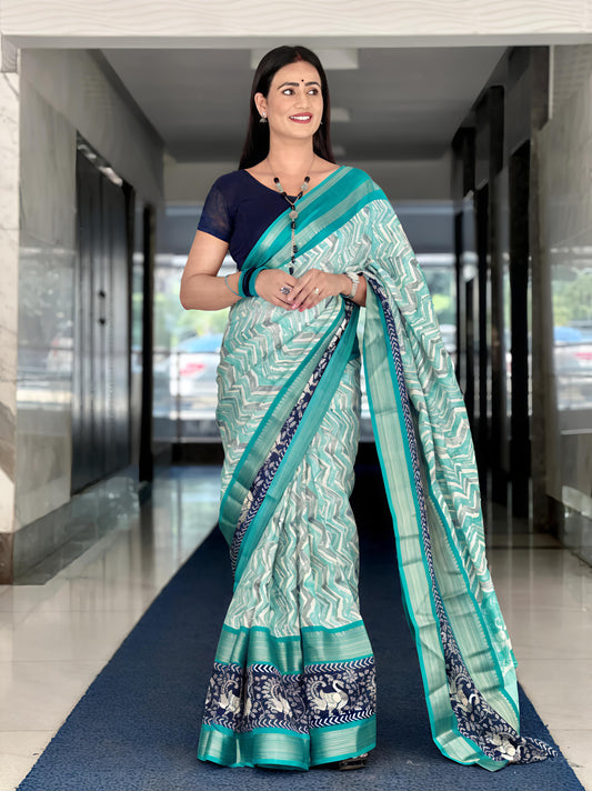 Elegant Sea Green & Navy Blue Handwoven Matka Silk Saree with Zari Pallu