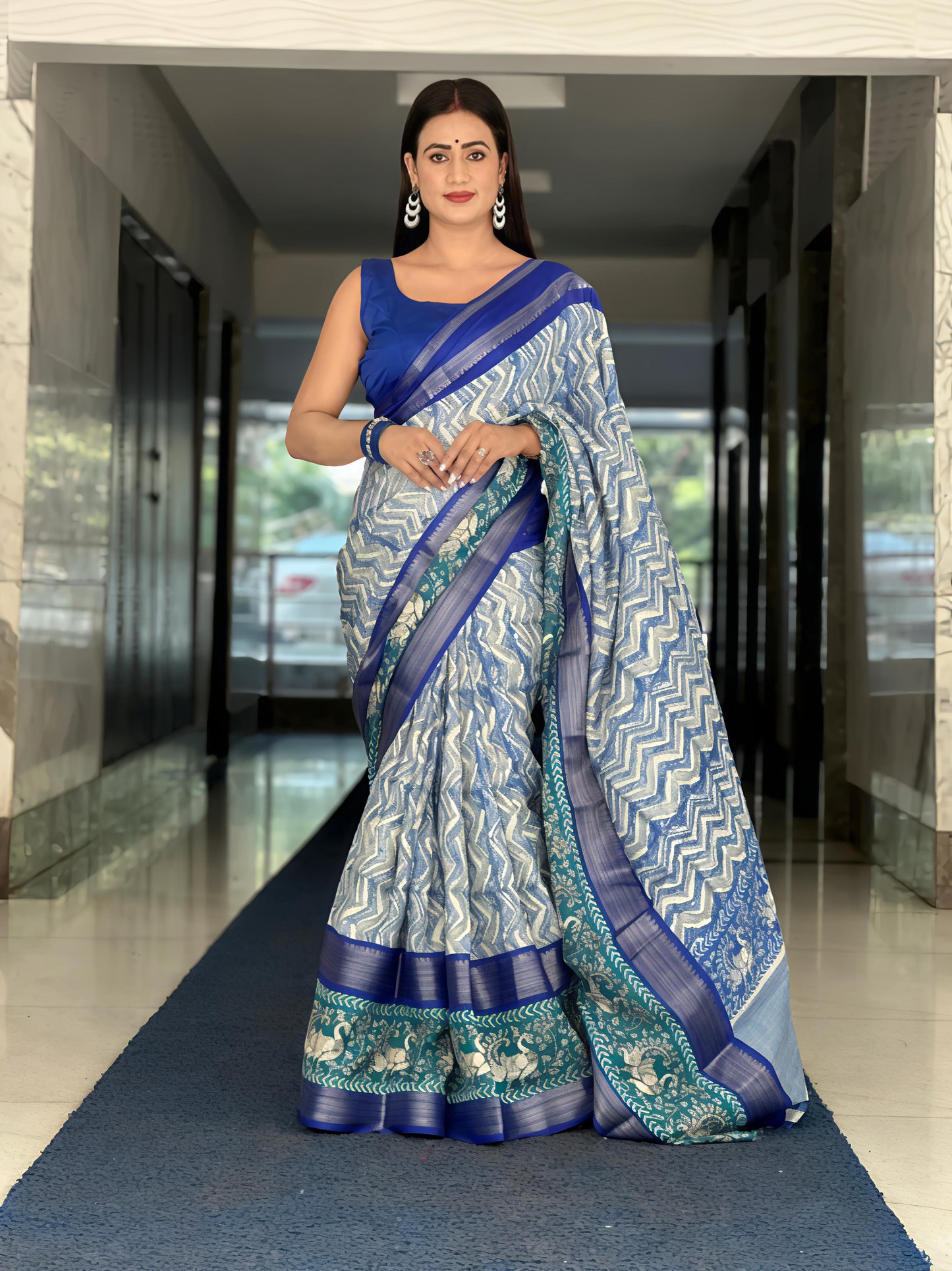 Royal Blue & Silver Handwoven Matka Silk Saree with Peacock Motif Zari Border