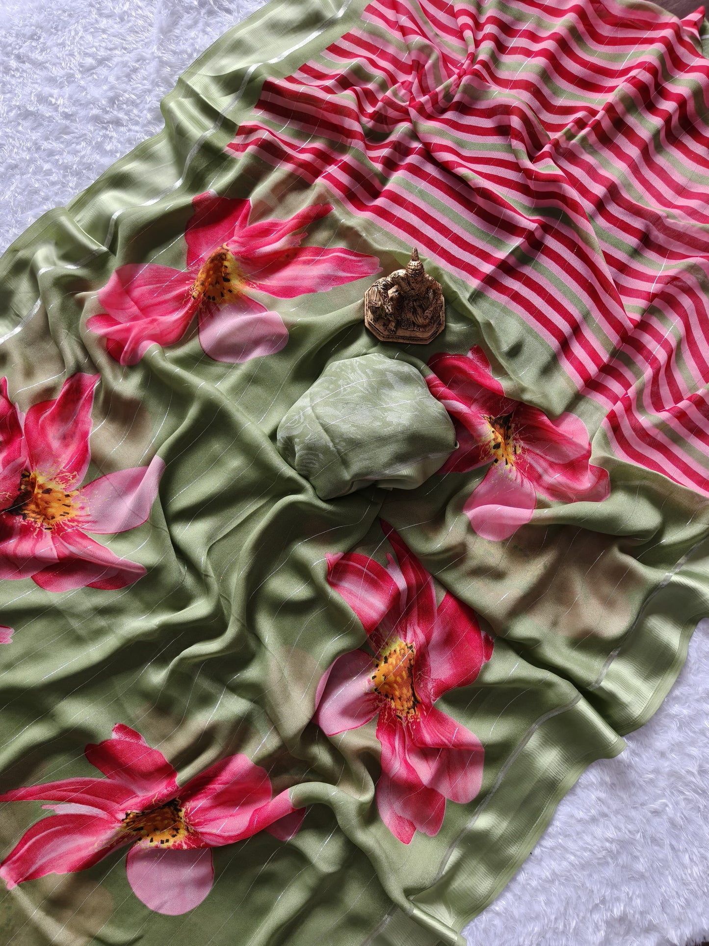 Heavy Dull Moss Chiffon Saree with Floral Digital Print & Zari Satin Border