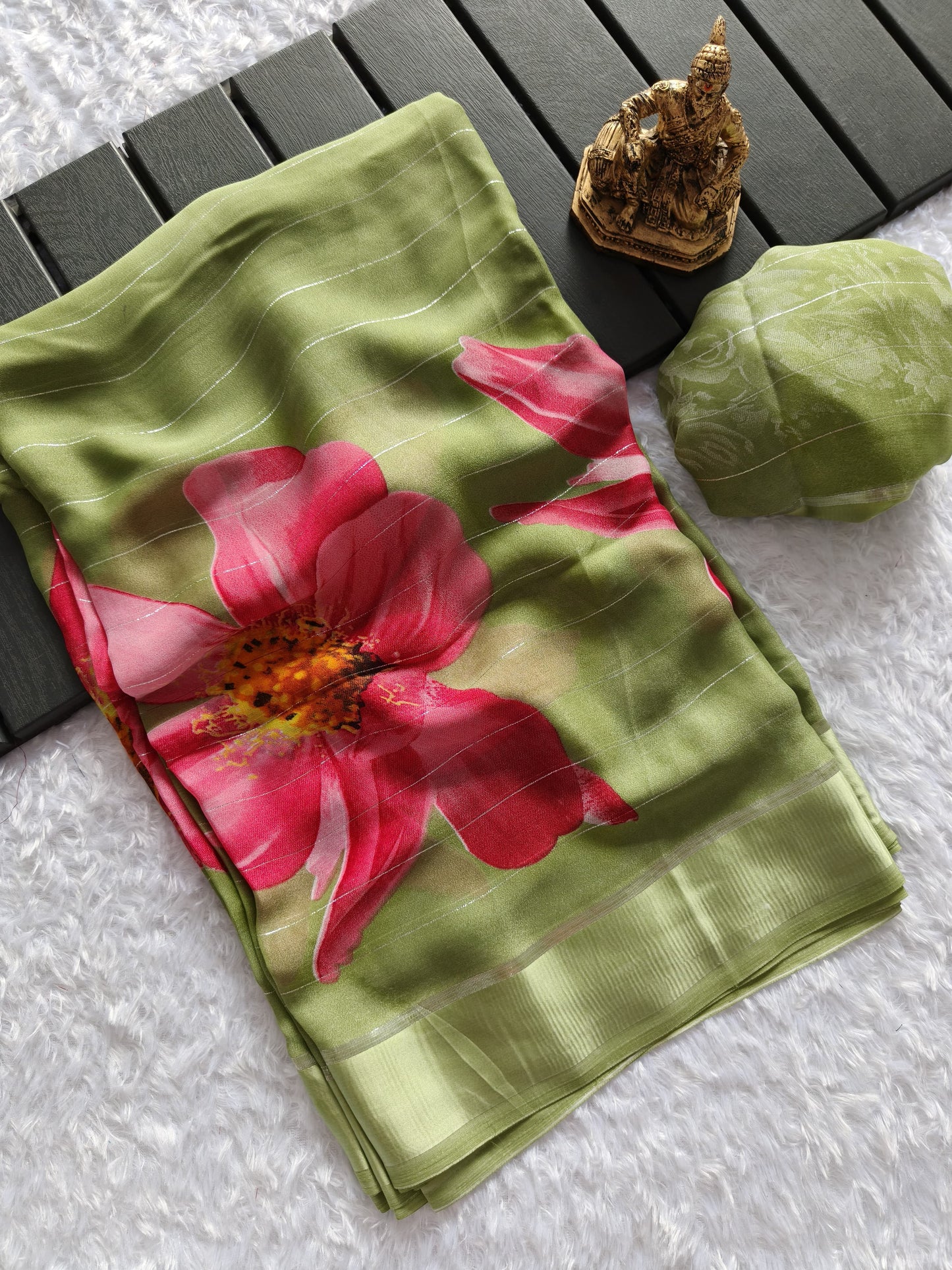 Heavy Dull Moss Chiffon Saree with Floral Digital Print & Zari Satin Border