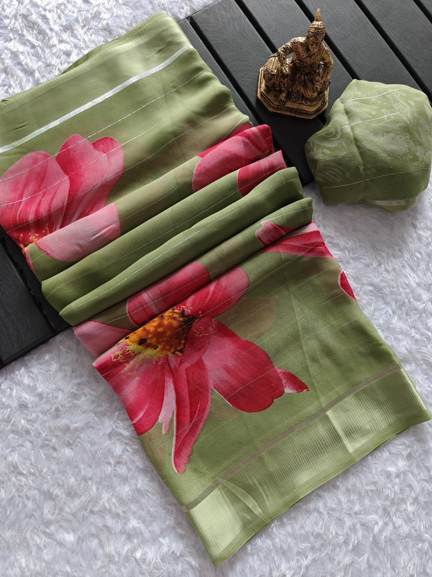 Heavy Dull Moss Chiffon Saree with Floral Digital Print & Zari Satin Border