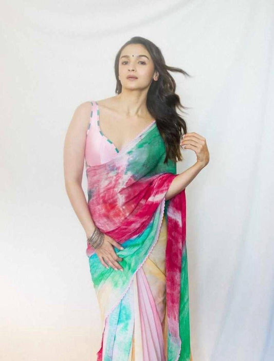 Multicolor Tie-Dye Organza Saree with Scallop Lace Border