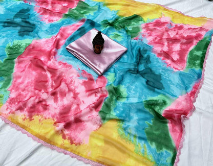 Multicolor Tie-Dye Organza Saree with Scallop Lace Border
