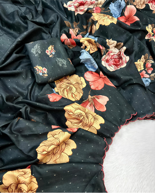 Black Floral Print Soft Linen Saree with Matching Blouse Piece