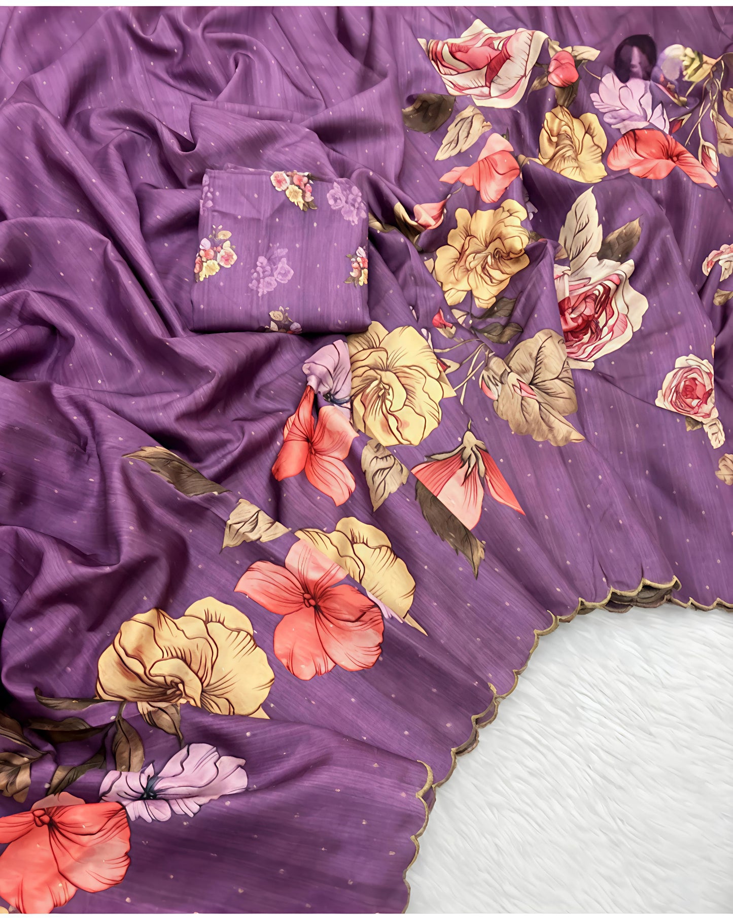 Purple Floral Print Soft Linen Saree with Matching Blouse Piece