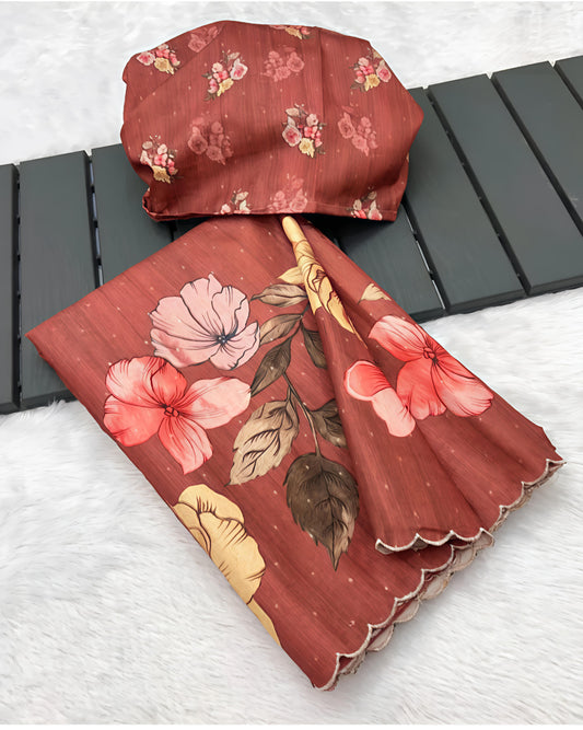 Maroon Floral Print Soft Linen Saree with Matching Blouse Piece
