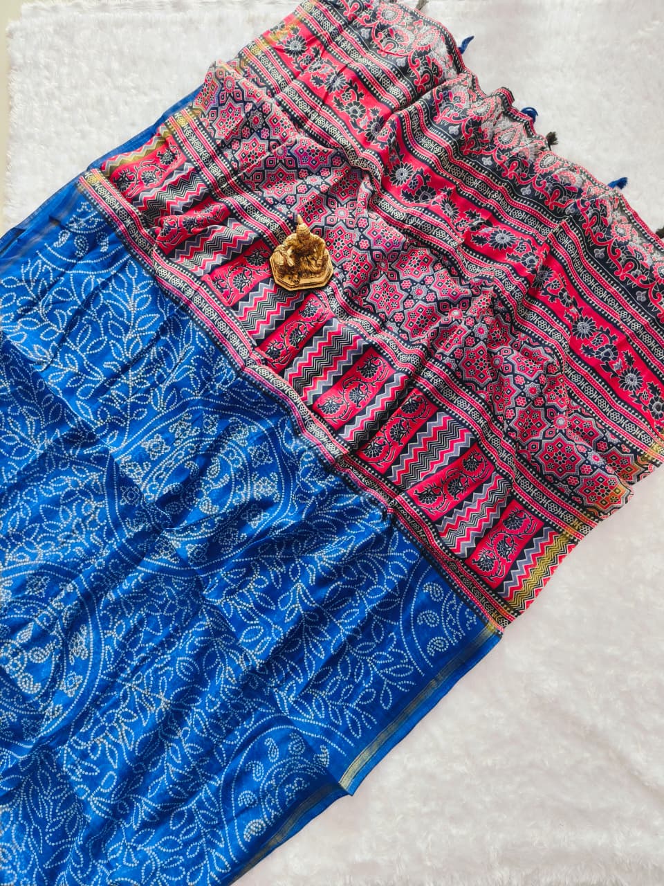 Heavy Soft Cotton Saree with Ajrakh Bandhej Print & Golden Scalloped Border