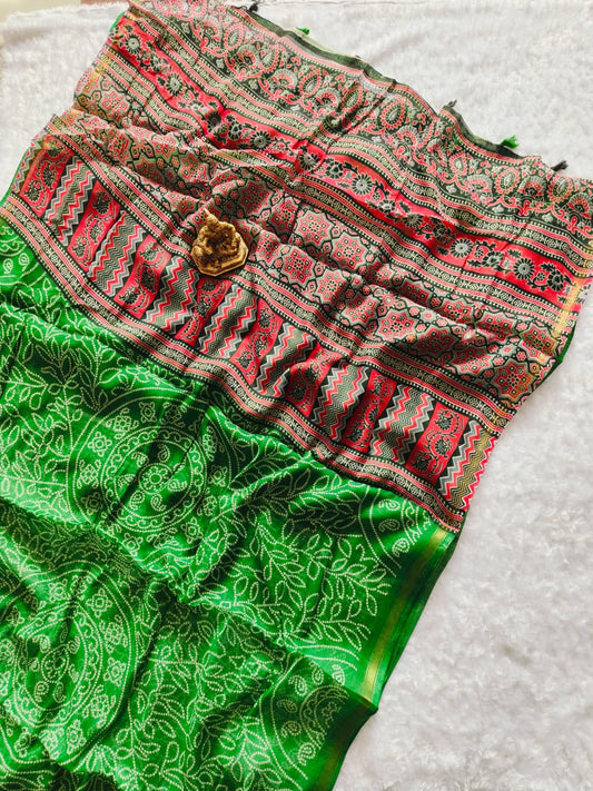 Green Heavy Soft Cotton Saree with Ajrakh Bandhej Print & Golden Scalloped Border