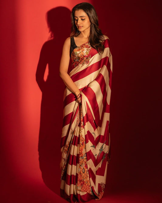 Bollywood Style Premium Satin Crepe Silk Saree with Bold Stripes & Floral Digital Print