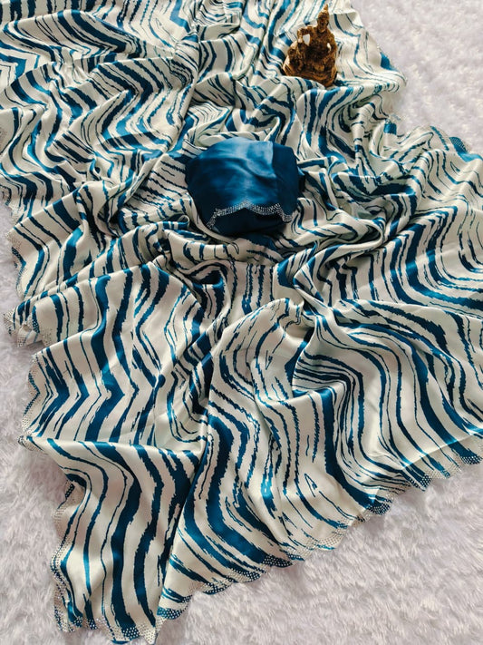 Blue Wave Pattern Crepe Silk Digital Print Saree with Matching Blouse