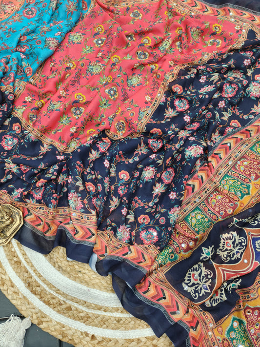 Party & Wedding Wear Heavy Georgette Saree with All Over Floral Print and Mirror Highlights