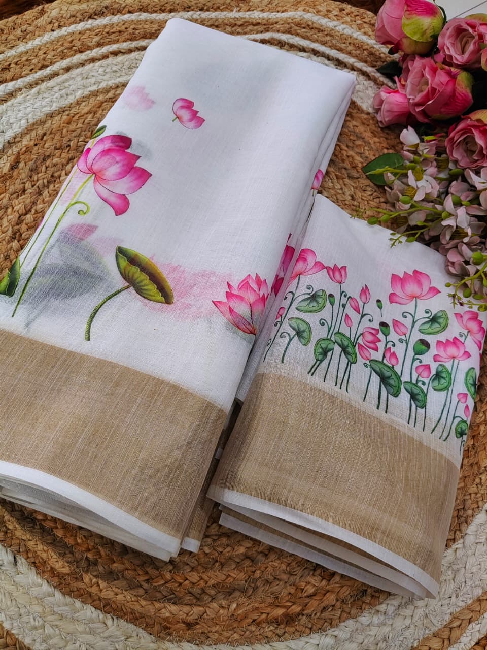 Elegant White Linen Saree with Pink Lotus Digital Print and Golden Border