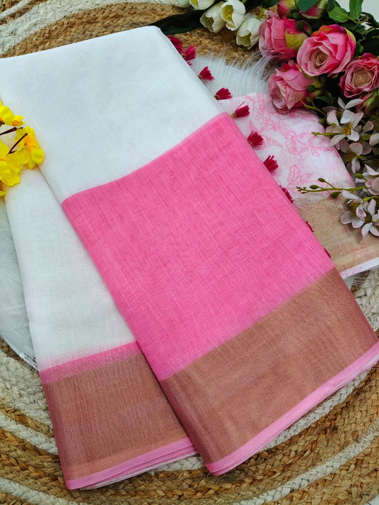 Classic White Linen Saree with Pink Border and Golden Zari Accent