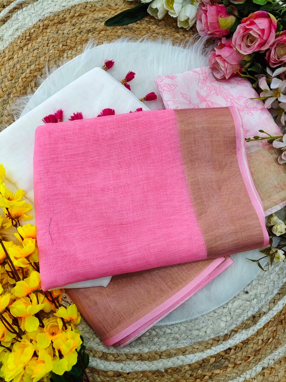 Classic White Linen Saree with Pink Border and Golden Zari Accent