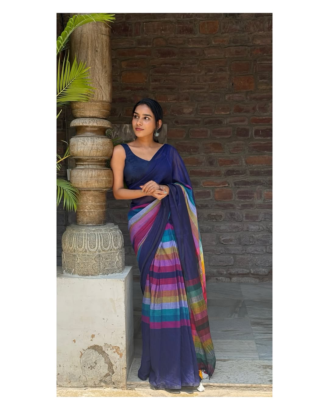 Elegant Linen Cotton Saree in Navy Blue with Multicolor Stripes
