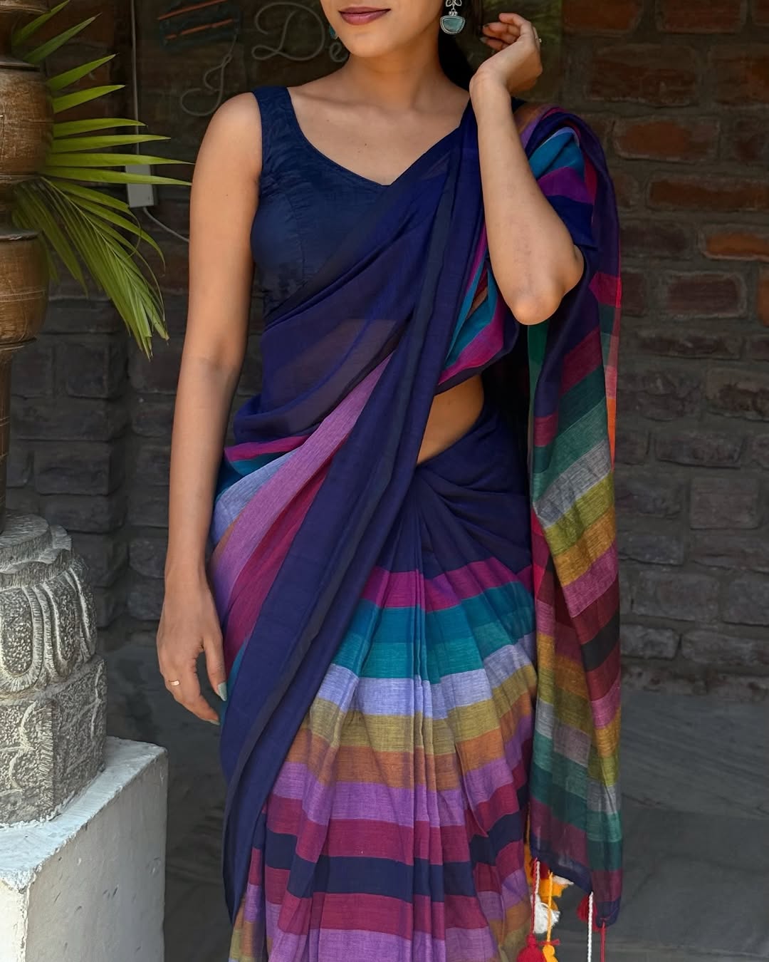 Elegant Linen Cotton Saree in Navy Blue with Multicolor Stripes