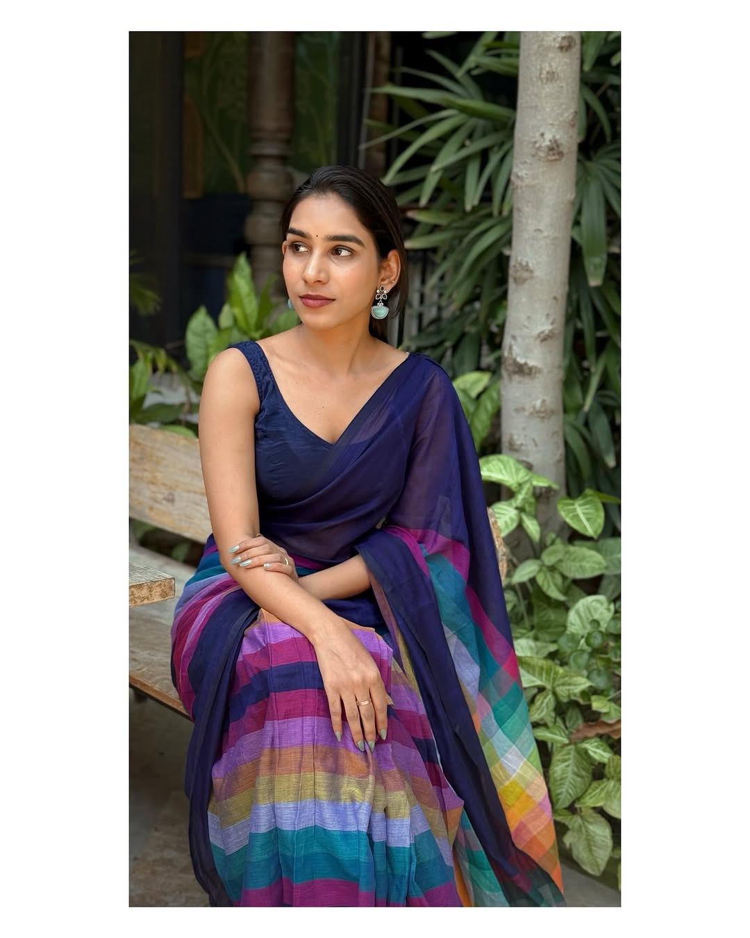 Elegant Linen Cotton Saree in Navy Blue with Multicolor Stripes