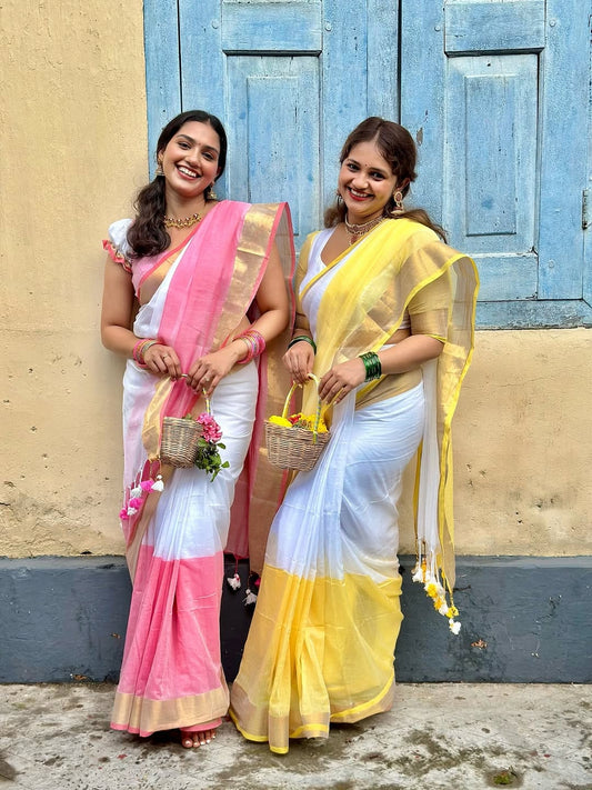 Elegant Pink & White Cotton Saree with Golden Border