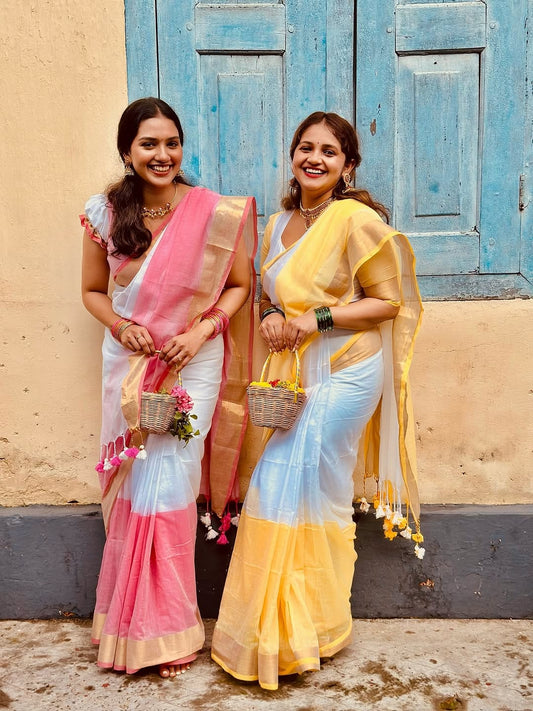 Elegant Yellow & White Cotton Saree with Golden Border