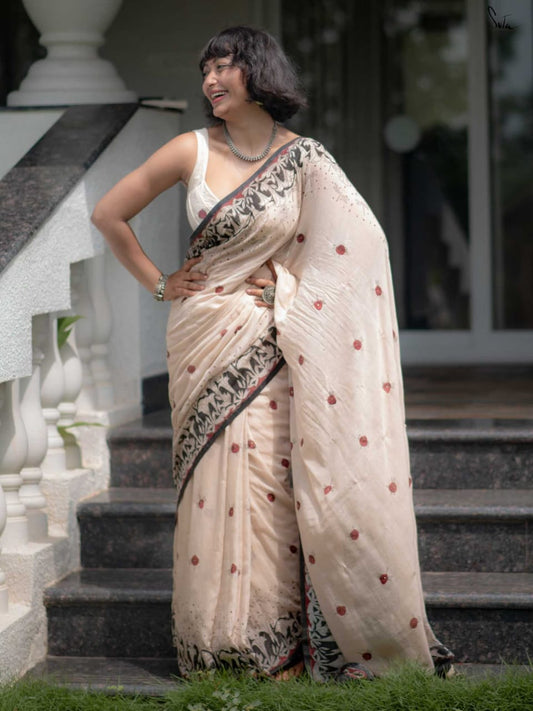 Cream Linen Digital Print Saree with Contrasting Border