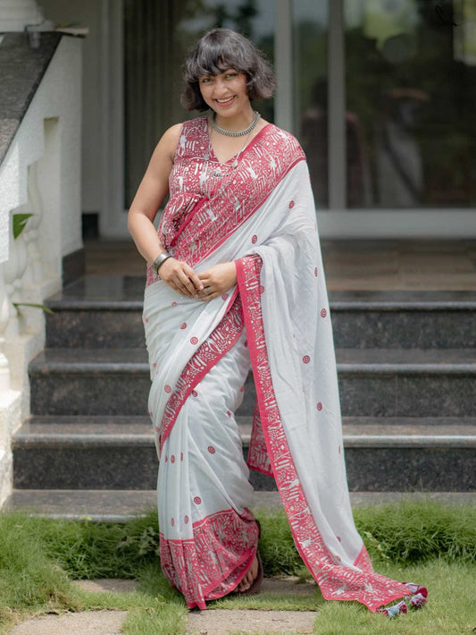 Elegant White Cotton Saree with Red Handblock Print Border & Blouse