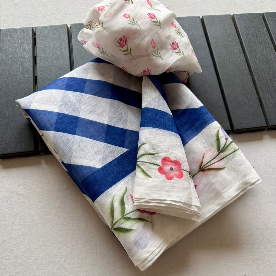 Elegant White Linen Saree with Blue Stripes & Floral Border