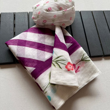 Elegant White Linen Saree with Purple Stripes & Floral Border