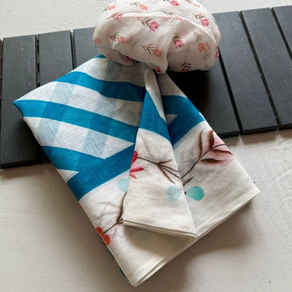 White Linen Saree with Blue Stripes & Floral Border