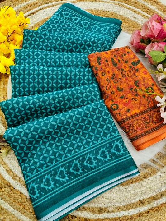 Digital Print Linen Saree with Traditional Ethnic Motifs