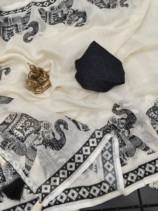 Handloom Linen Cotton Saree with Black Elephant Print & Tassel Border