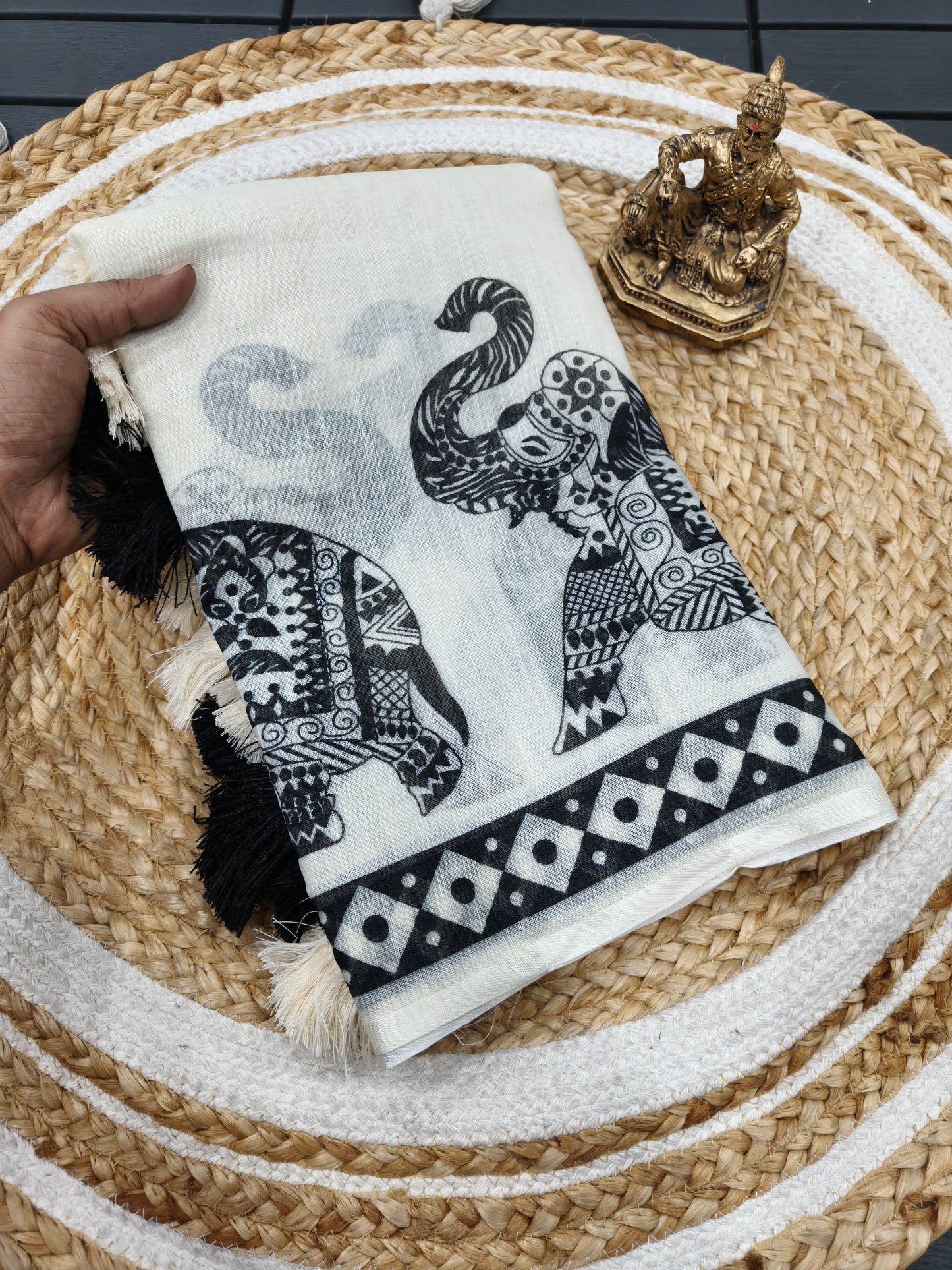 Handloom Linen Cotton Saree with Black Elephant Print & Tassel Border