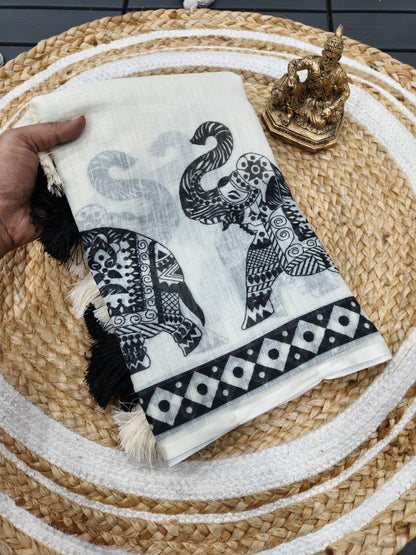 Handloom Linen Cotton Saree with Black Elephant Print & Tassel Border