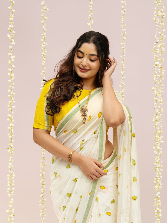 Elegant White Linen Cotton Saree with Lemon Motifs & Green Border