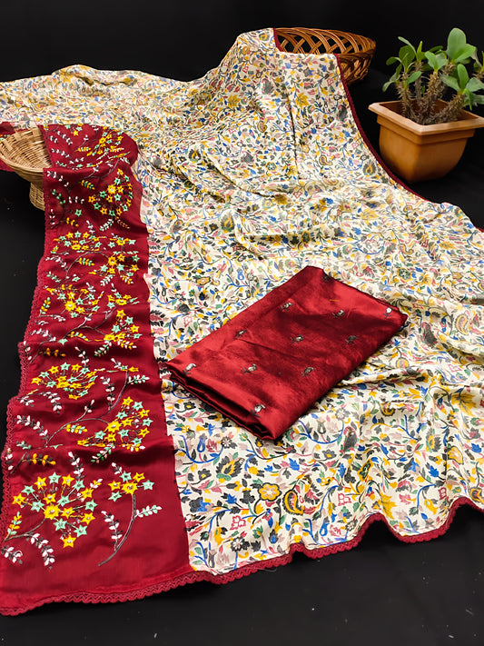 Cream & Maroon Heavy Chiffon Blooming Georgette Saree with Multicolor Embroidery & Sequins Work