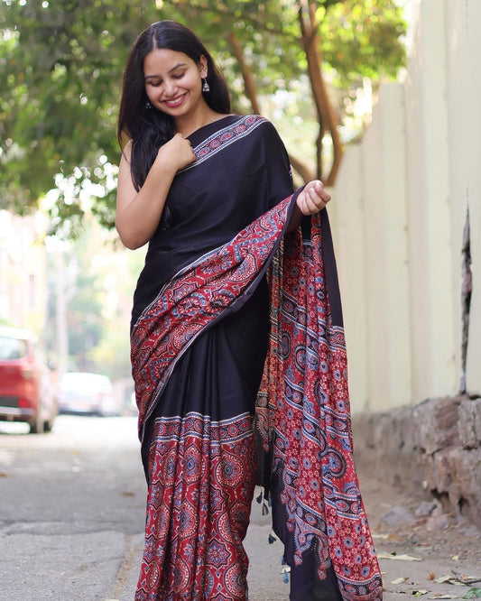 Classic Red Ajrakh Maslin Saree – Grace in Every Drape