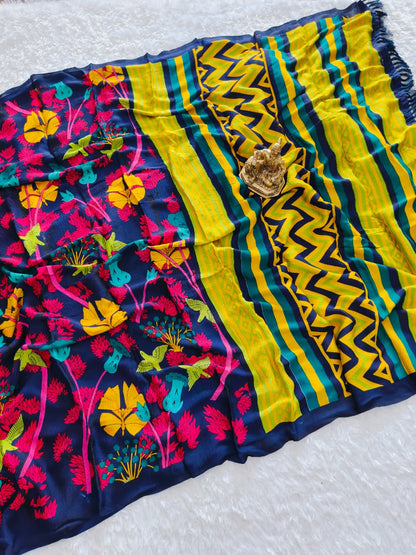 Navy Blue Mul Georgette Saree with Multicolor Floral Print & Yellow Striped Pallu