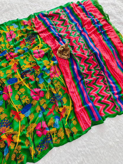 Green Mul Georgette Saree with Multicolor Floral Print & Striped Chevron Pallu