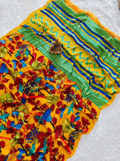 Blooming Yellow Mul Georgette Saree with Abstract Floral & Striped Pallu
