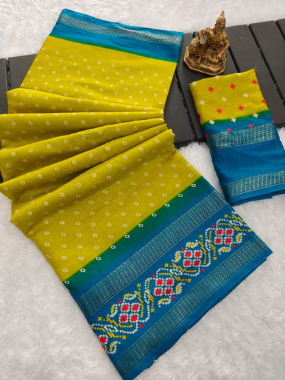 Traditional Bandhej Saree with Rich Contrast Border & Matching Blouse