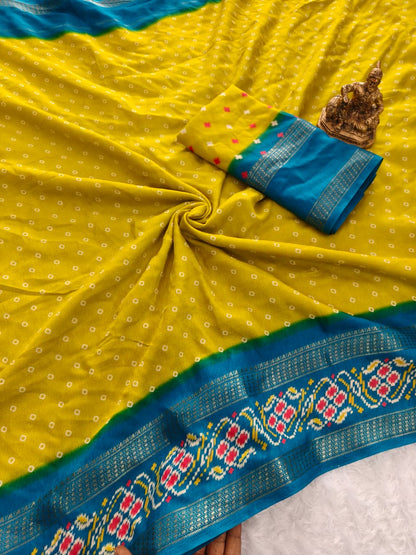 Traditional Bandhej Saree with Rich Contrast Border & Matching Blouse