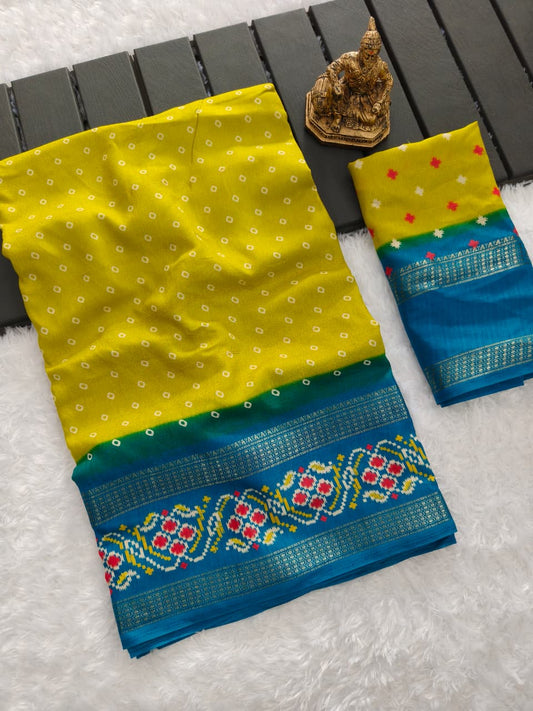 Traditional Bandhej Saree with Rich Contrast Border & Matching Blouse