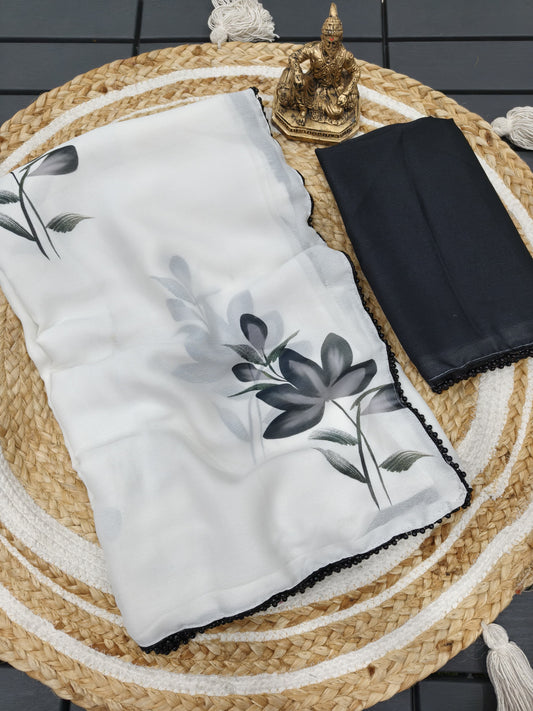 Luxury Marshmallow Georgette Saree with Tulip Design & Heavy Moti Work