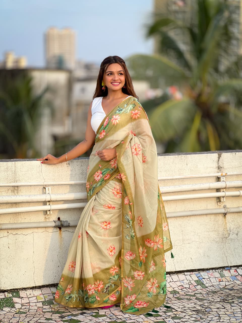 Graceful Beige Floral Printed Saree with Olive Green Border
