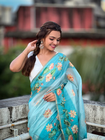 Elegant Sky Blue Floral Print Saree with White Blouse