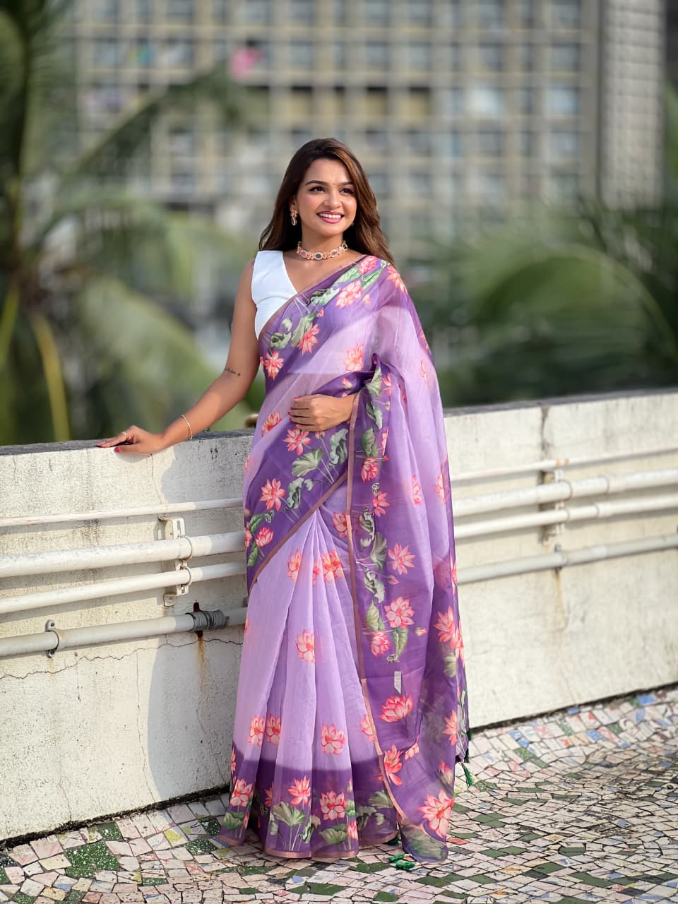 Graceful Lavender Floral Print Saree with White Blouse